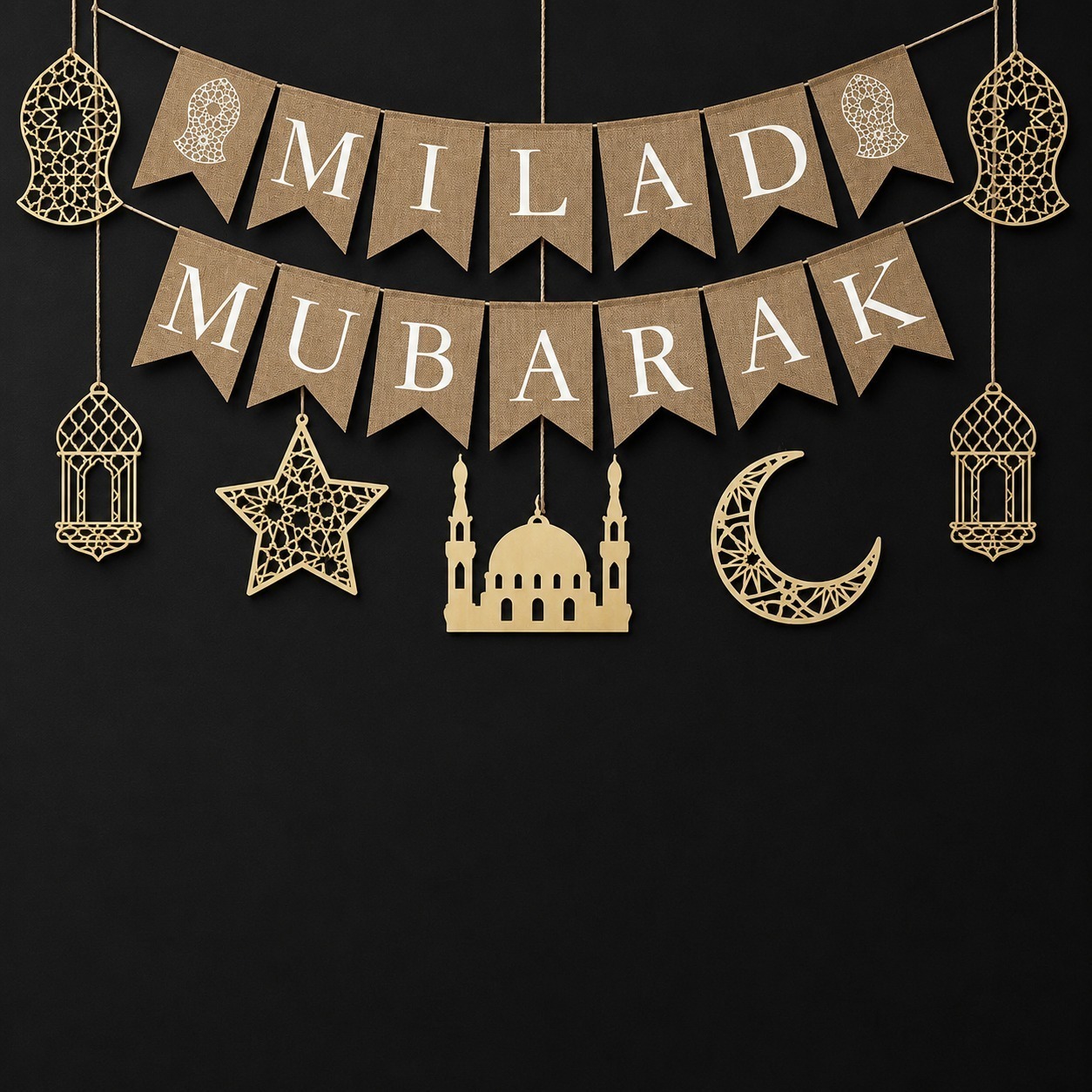 1 Milad Mubarak Banner with 7 Wooden stencils